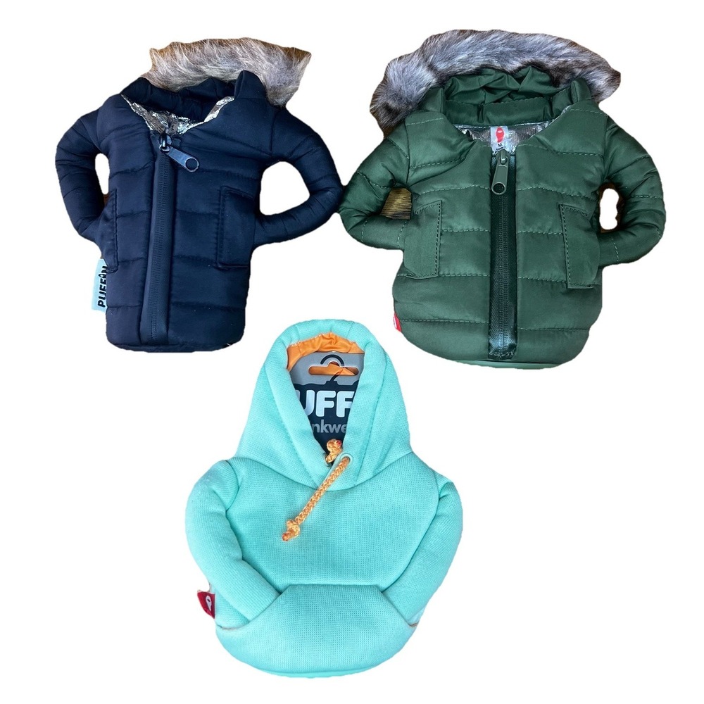 3 Puffin Drinkware Black & Army Green Parka Coat + New Seafoam Hoodie Lot